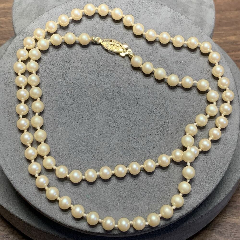 Vintage Hand Strung Faux Pearl Necklace 24”, Gold Tone Fish Hook Clasp Japan
